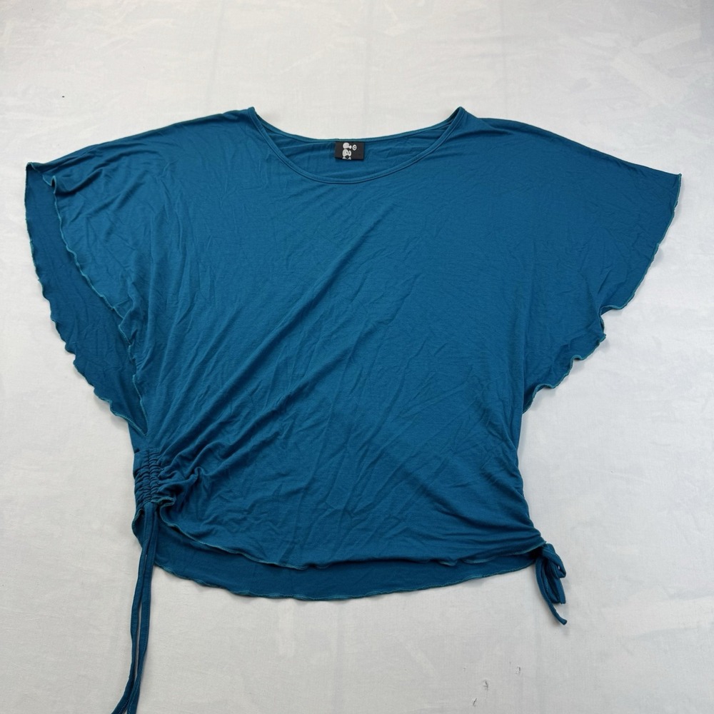 Teal Blue Rayon Batwing Dolman Top Ruched Drawstring Boho One Size
